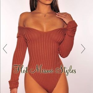 Caramel Ribbed Knit off shoulder bodysuit